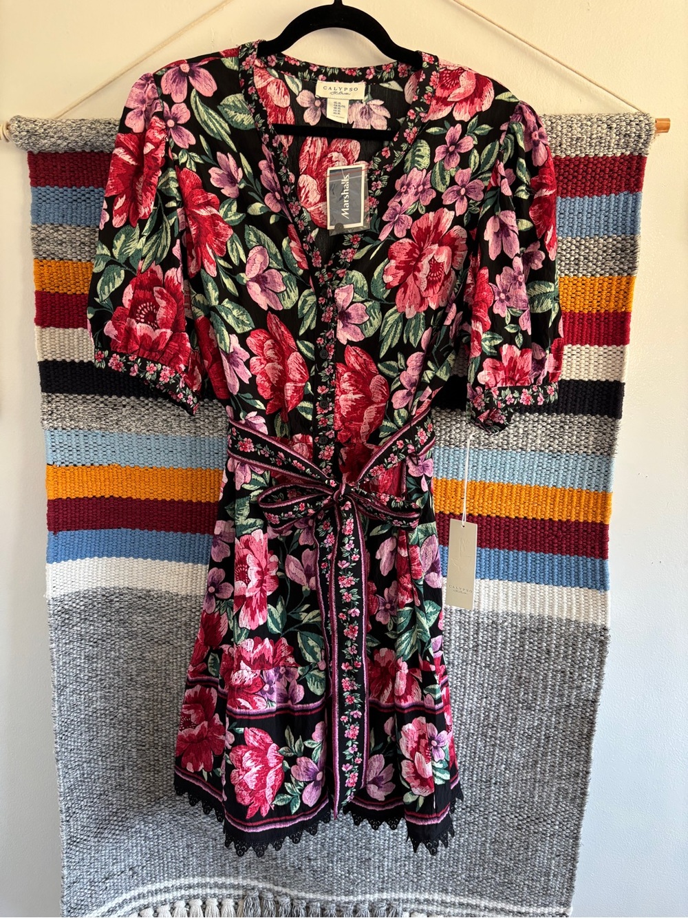 Calypso St. Barth Black Floral Mini Dress with Pink & Red Blooms